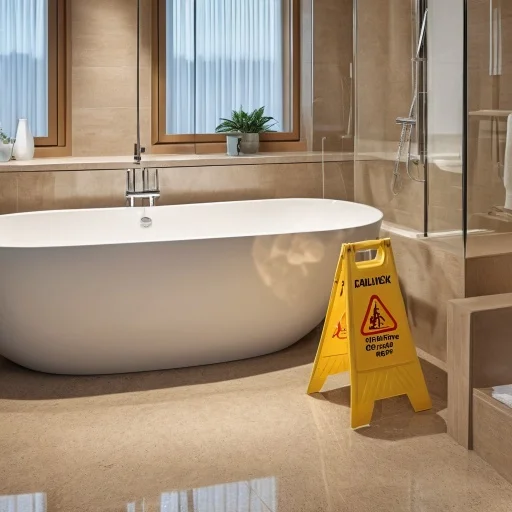 Freestanding bath in a tiled bathroom with a caution sign