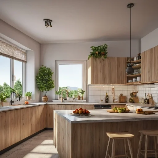 Kitchen with wood cabinets, an island and a large window