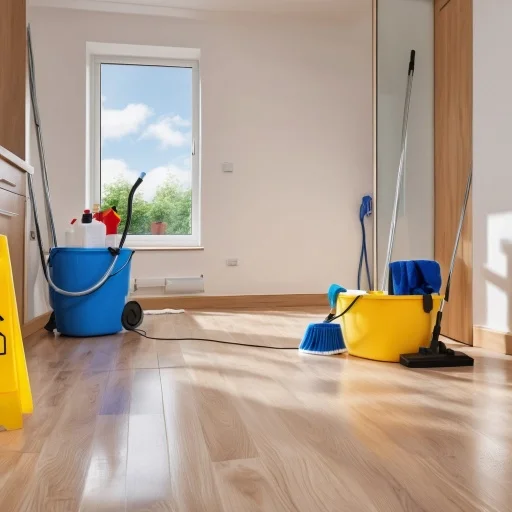 Mop, buckets and cleaning equipment in an empty room