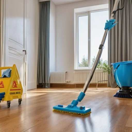 Mop and bucket on the floor of a bright room